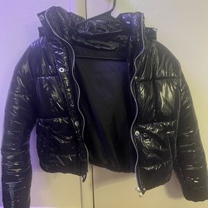 Boohoo Petite Hooded Crop High Shine Coat - Black